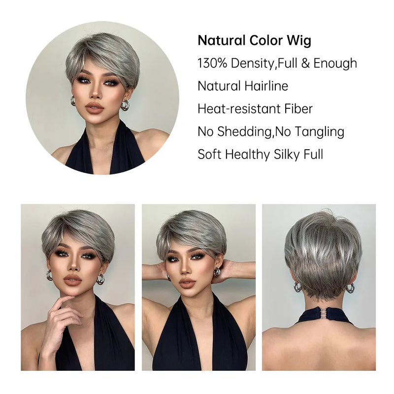 Silver Gray Synthetic Wig - Natural Straight Layered Wig with Fluffy Bangs for Women & Girls, Daily Wear, Heat Resistant Hair