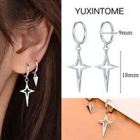 925 Silver Needle Star Hoop Earrings for Women - Five-pointed Star and Moon Pendant Huggie Earrings