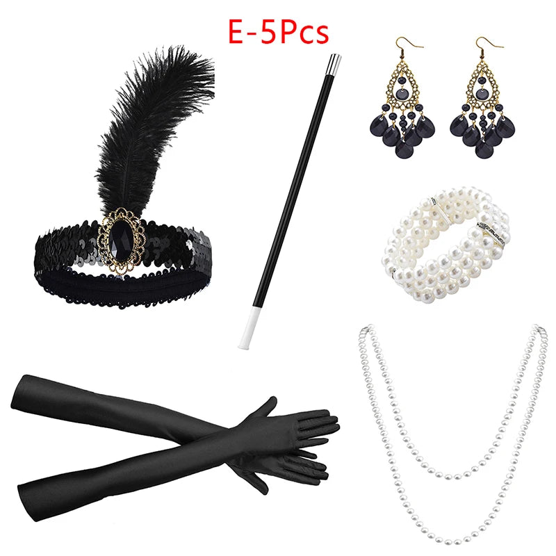 1set 1920's Cosplay Flapper Halloween Charleston Costume 1920s Gatsby Accessories Black Headpiece Great Gatsby Feather Headband Sweet T 52