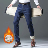 Winter Men's Fleece Thick Sherpa Jeans Business Casual Velvet Straight Denim Pants Male Wool Plush Classic Stretch Trousers Sweet T 52