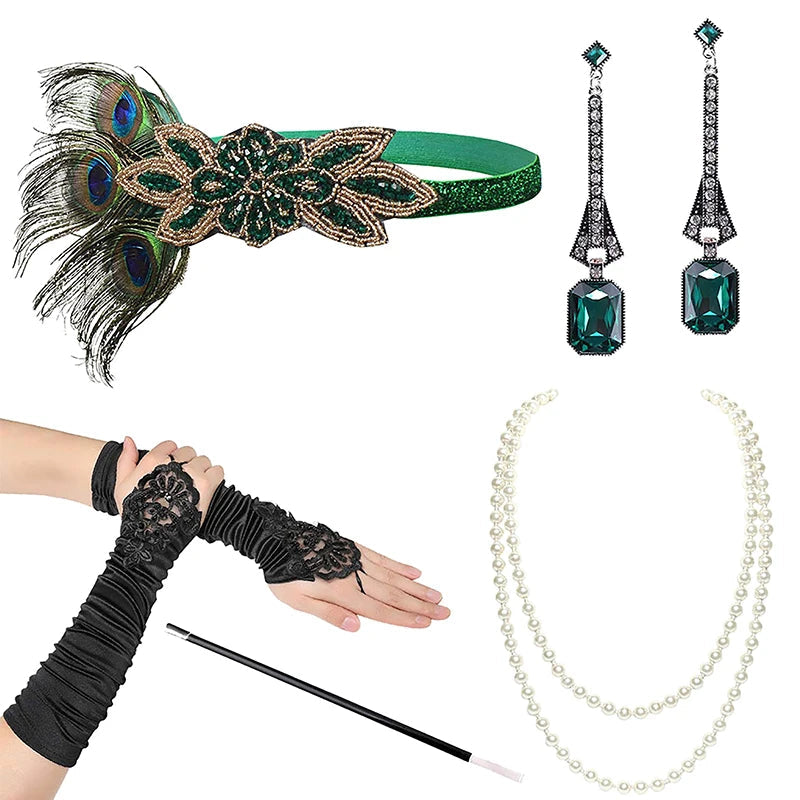 1set 1920's Cosplay Flapper Halloween Charleston Costume 1920s Gatsby Accessories Black Headpiece Great Gatsby Feather Headband Sweet T 52