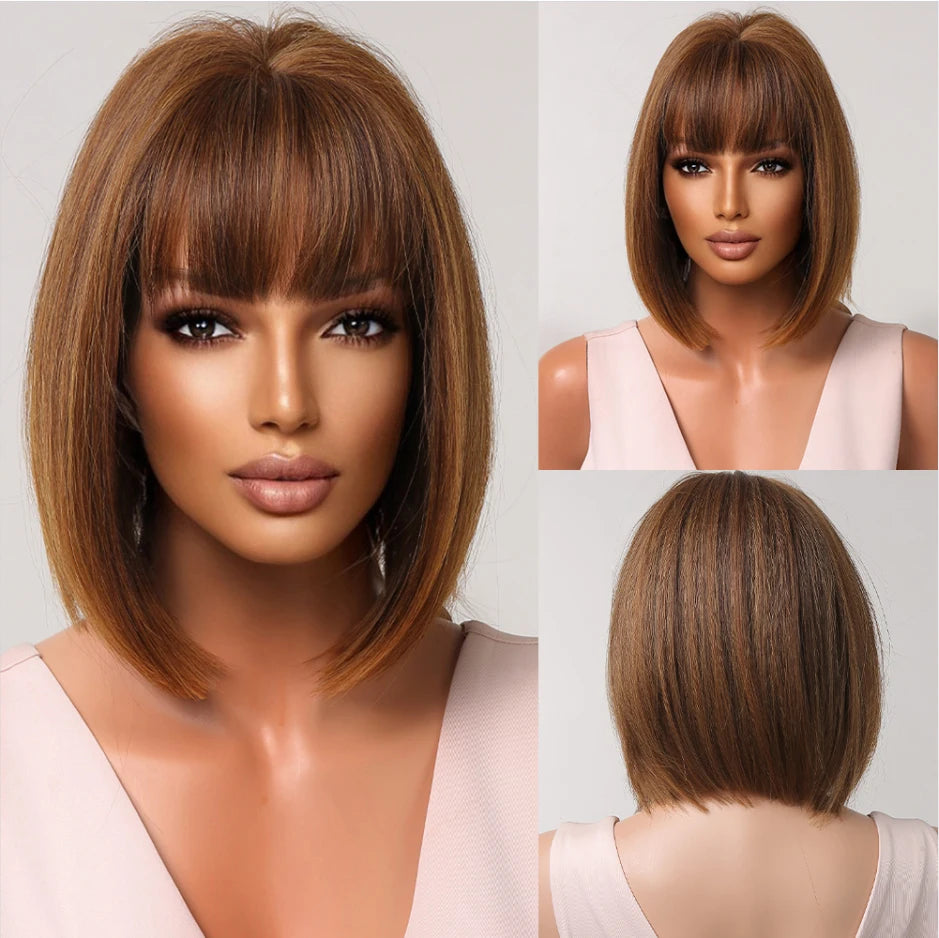 Short Straight Synthetic Wigs for Women with Bangs - Short Straight Bob Hair Wigs
