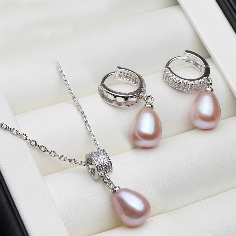 Genuine Natural Pearl Necklace And Earring Set for Women - Trendy 925 Silver Pearl Jewelry Set for Annniversary or Gift in 5 Colors