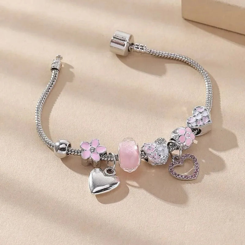 Love/Heart/Flower/Glass Pendant Charm Bracelet. Classic Pink White Crystal Stone, Adjustable, Silver/Gold Color