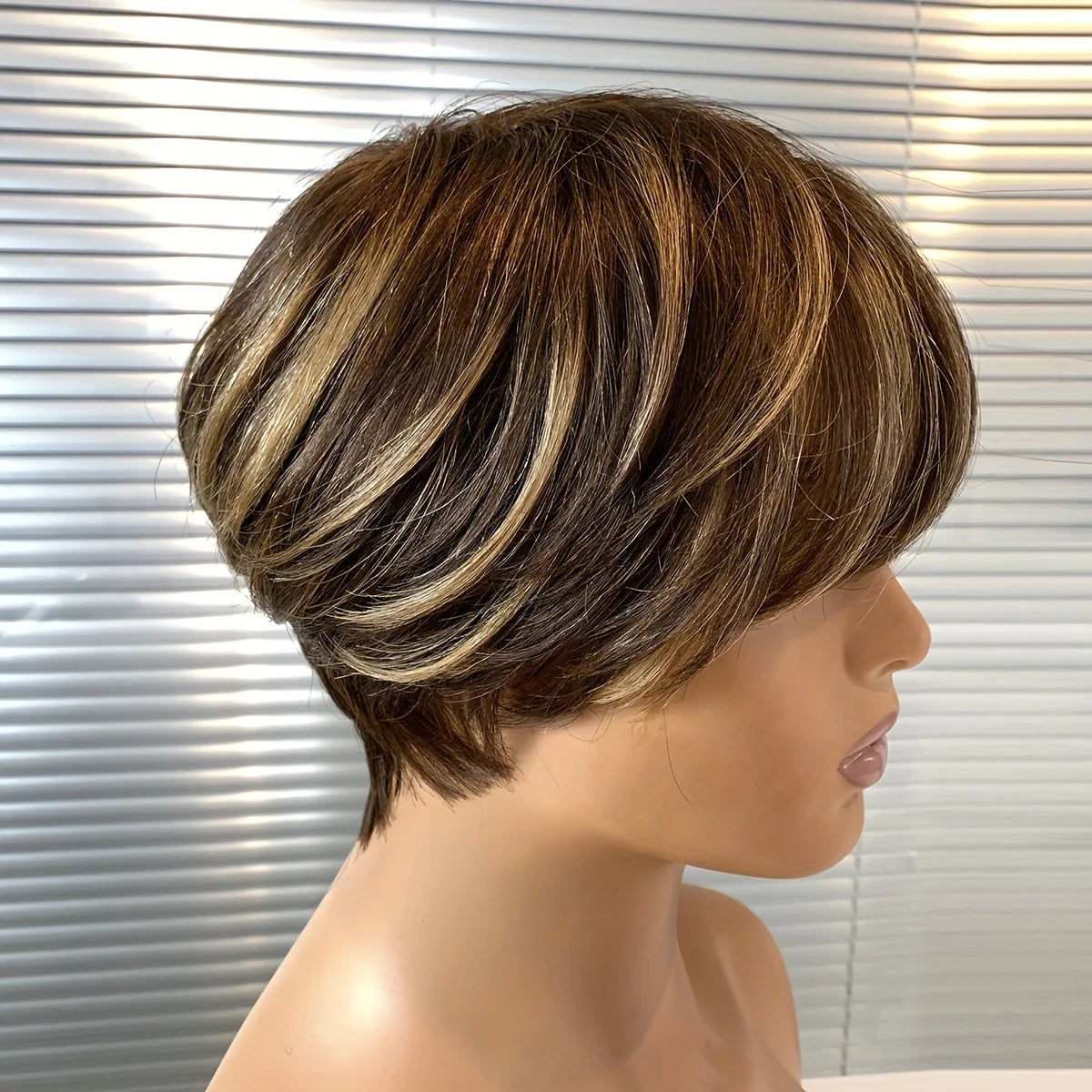 Pixie Cut Wig - Brazilian Remy Human Hair with Blonde Highlights. Full Machine Made Wig, Layered & Straight