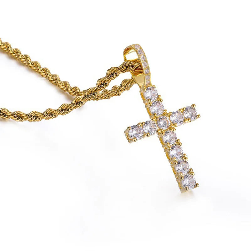 Cubic Zirconia Cross Pendant Necklace on Rope Chain