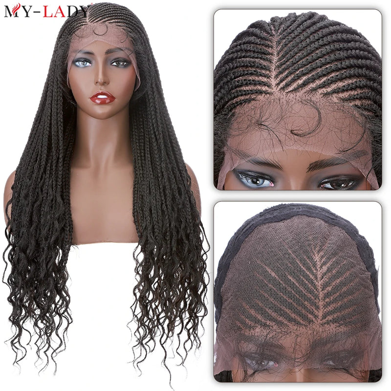 28 Inch Synthetic Braided Wigs, Cornrow Lace Front Wigs, Curly Ends for Women with Baby Hair