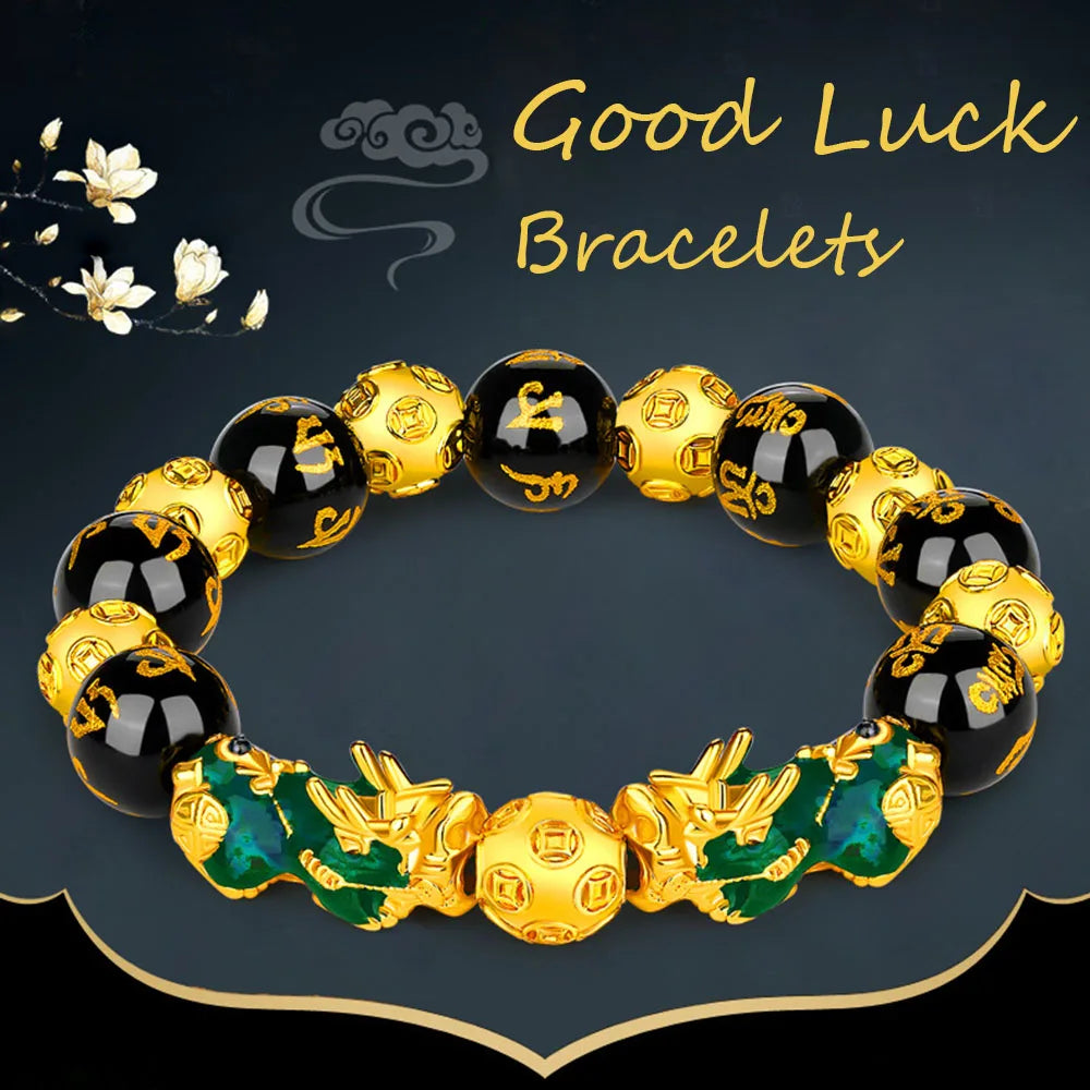 Fashion Jewelry - Obsidian Stone Beads (Attract Wealth) Feng Shui Good Luck Bangle Bracelets