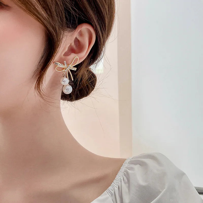 Elegant Bowknot Imitation Pearl Earrings/Rhinestone Shiny Earrings for Women. Fashion Jewelry