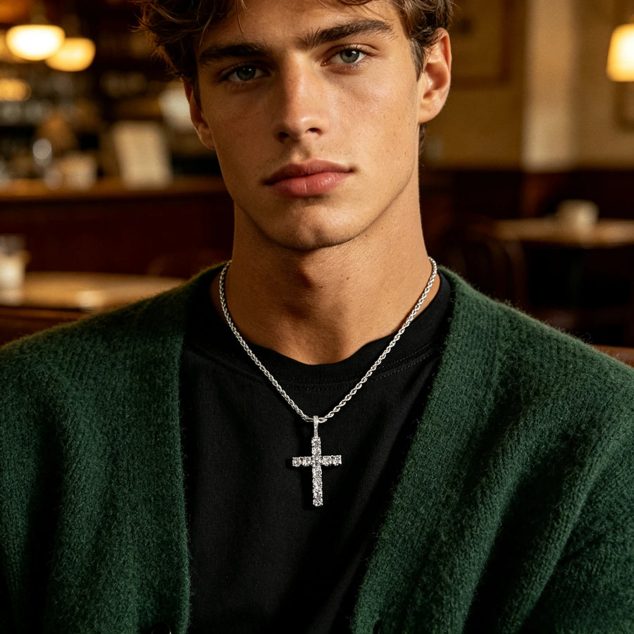 Cubic Zirconia Cross Pendant Necklace on Rope Chain