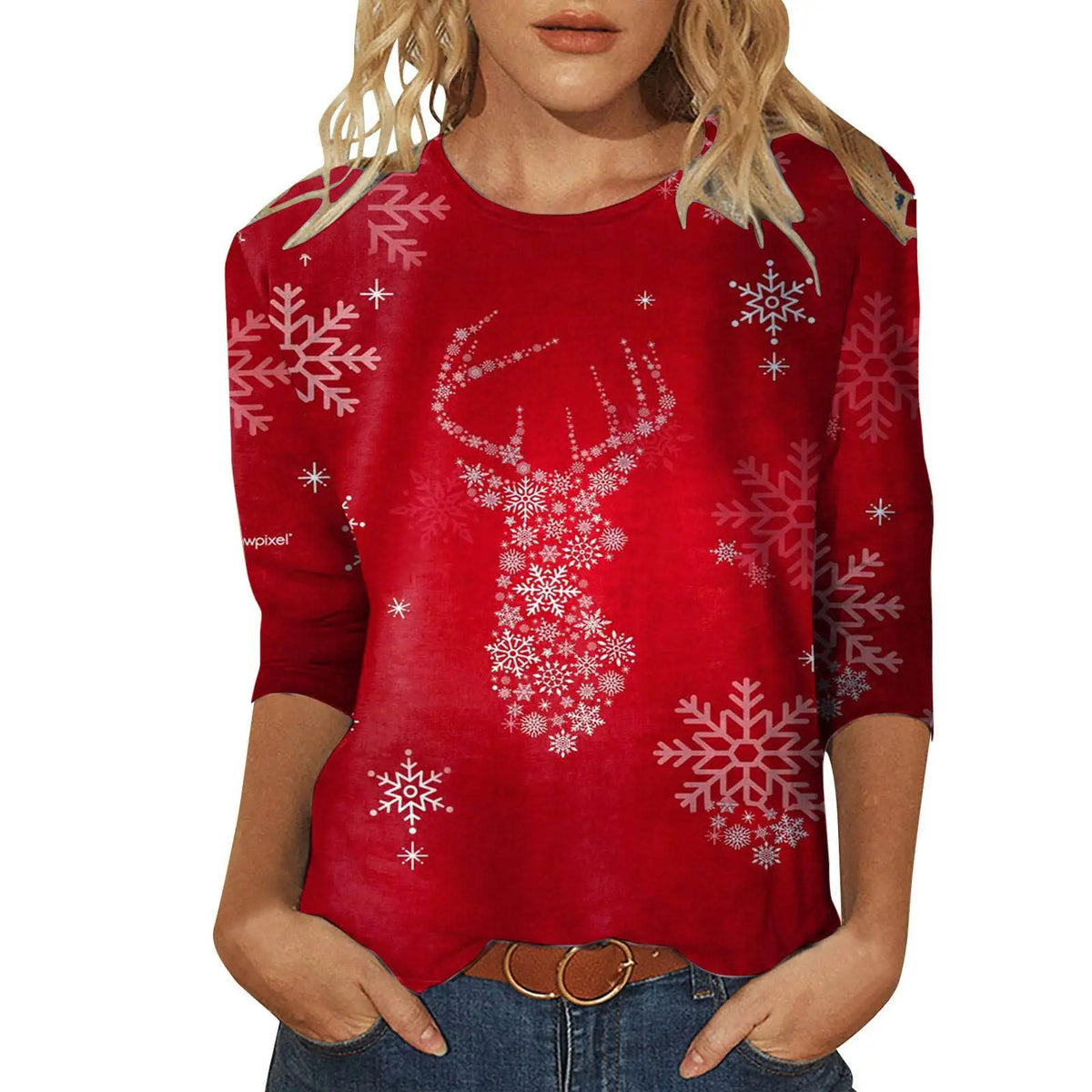 Christmas Limited Edition Women's 3D Red Snowflake Print Round Neck Long Sleeve T-shirt Fashion Casual Long Sleeve Top