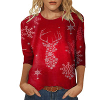 Christmas Limited Edition Women's 3D Red Snowflake Print Round Neck Long Sleeve T-shirt Fashion Casual Long Sleeve Top