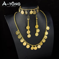 Luxury Arabic Gold Color Coins Necklace Set 21k Gold Plated Turkish Coin Chains Islamic Muslim Women Wedding Party Jewelry Sweet T 52