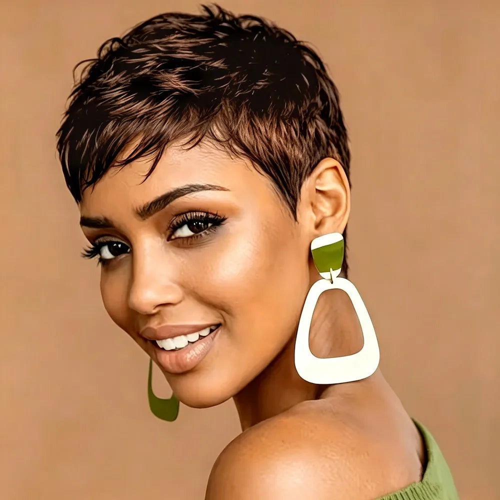 Brown/Black/Burgundy Pixie Cut Wigs, Short Straight Layered Human Hair Wigs for Women