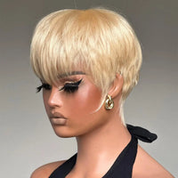 Blond Pixie Cut Wig  - Human Hair Wig for Women. 613 Bob Wig, Short, with Bangs, Straight - Full Machine Made Wig