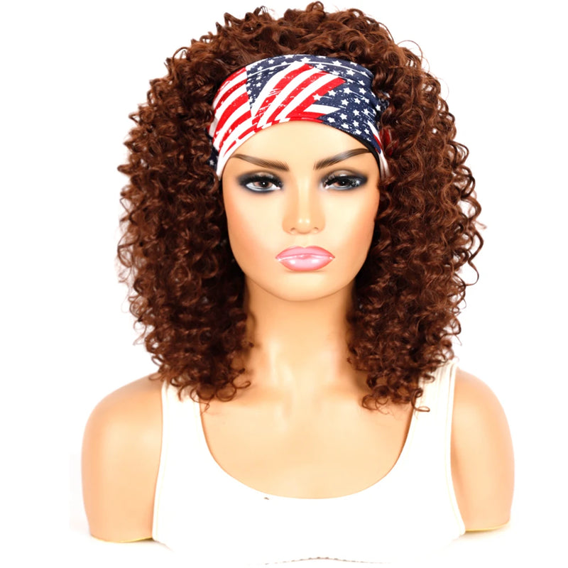 18 Inch Kinky Curly Headband Wig, Ombre Afro Curly Wig with Scarf, Synthetic Fluffy Curly Wigs for Women & Girls