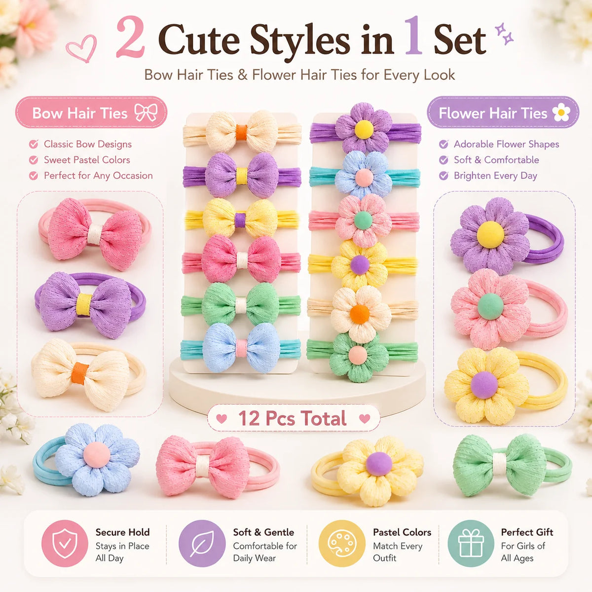 Flower Bow Hair Ties for Girls, 12 Pack