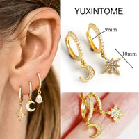 925 Silver Needle Star Hoop Earrings for Women - Five-pointed Star and Moon Pendant Huggie Earrings
