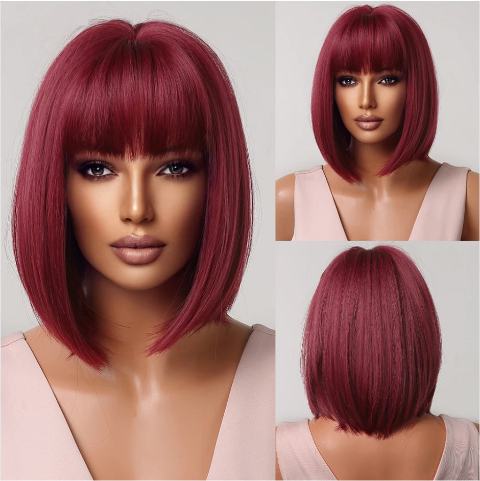 Short Straight Synthetic Wigs for Women with Bangs - Short Straight Bob Hair Wigs