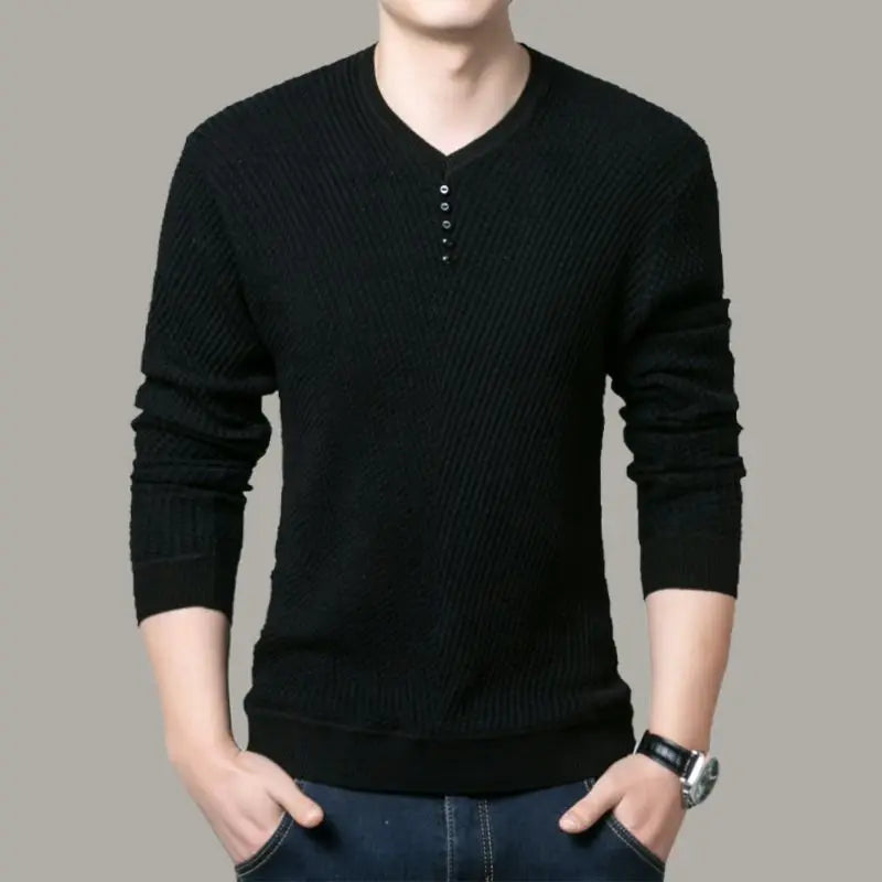 Simple V-neck Panel Button Tee, Slim Fit, Long Sleeve, Oversize Men's Thin Knitted Tee