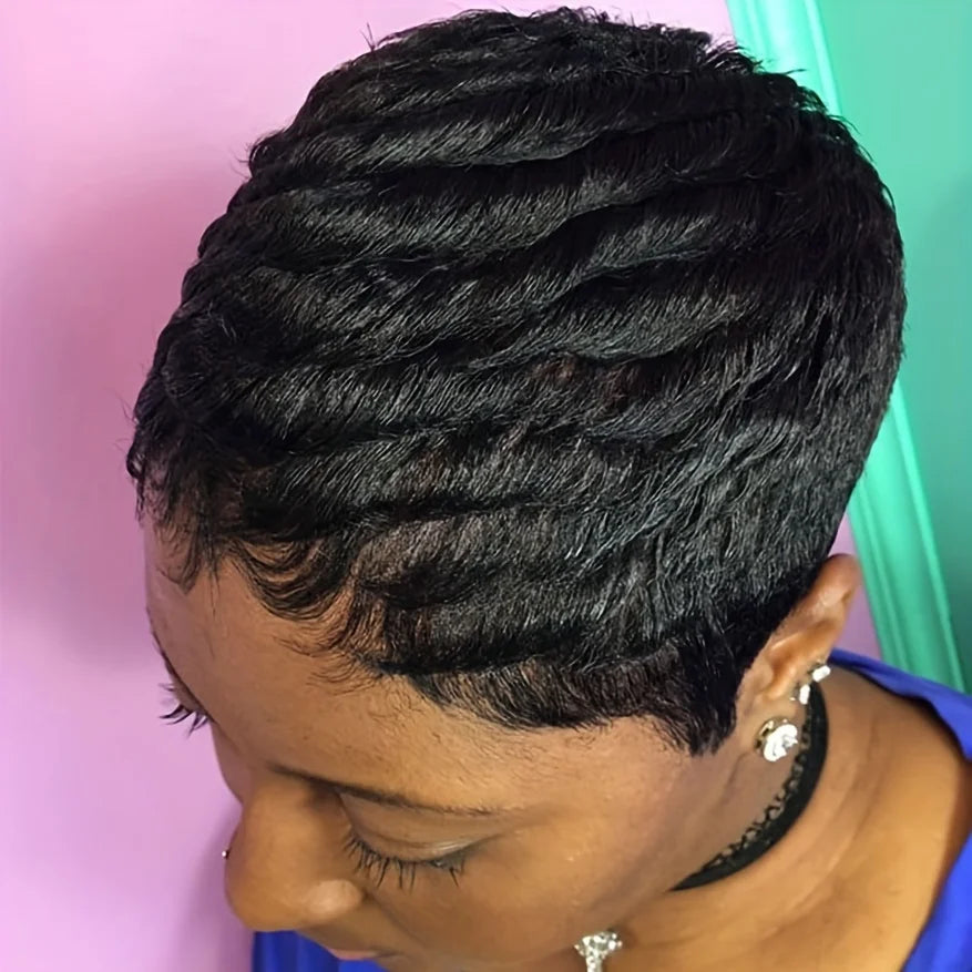 4 Inch Pixie Cut Curly Wave Human Hair Wigs for Women, Full Machine Made Wigs for Daily Wear