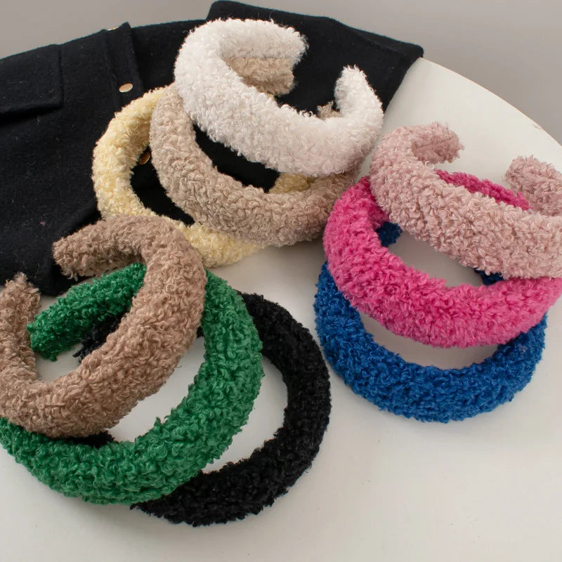 Plush Wide, Thick, Faux Fur Wool Hairbands.  4 cm Wide Solid Color Headbands for Women, Plain Fluffy Winter Hair Accessories