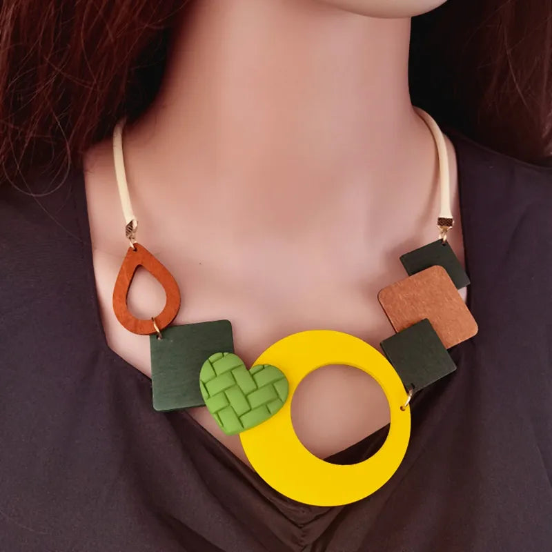 Geometric Wooden Pendant, Ethnic Statement, Bib Necklace for Women & Girls - Handmade Maxi Necklaces/Vintage Jewelry