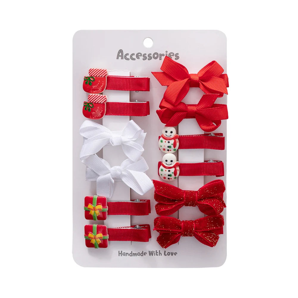 10Pcs/Lot Christmas Baby Girl Hair Clip Ribbons. Santa Claus/Gift Socks/Under Tree Hair Bows