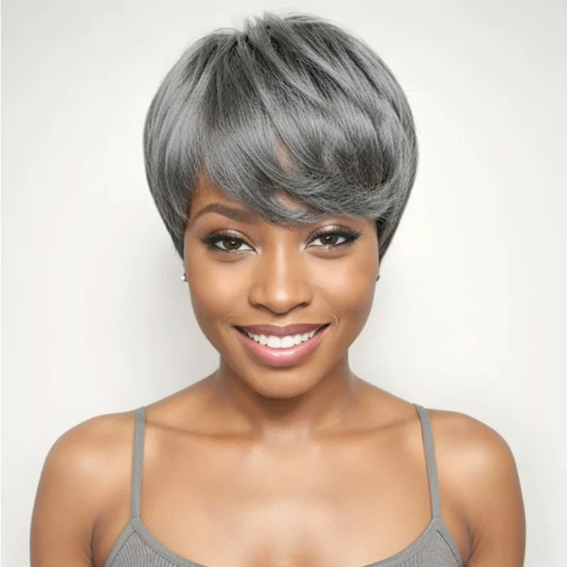 Salt & Pepper Layered Pixie Cut Short Wig With Bangs, Full Machine, No Lace Bob Wigs For Women