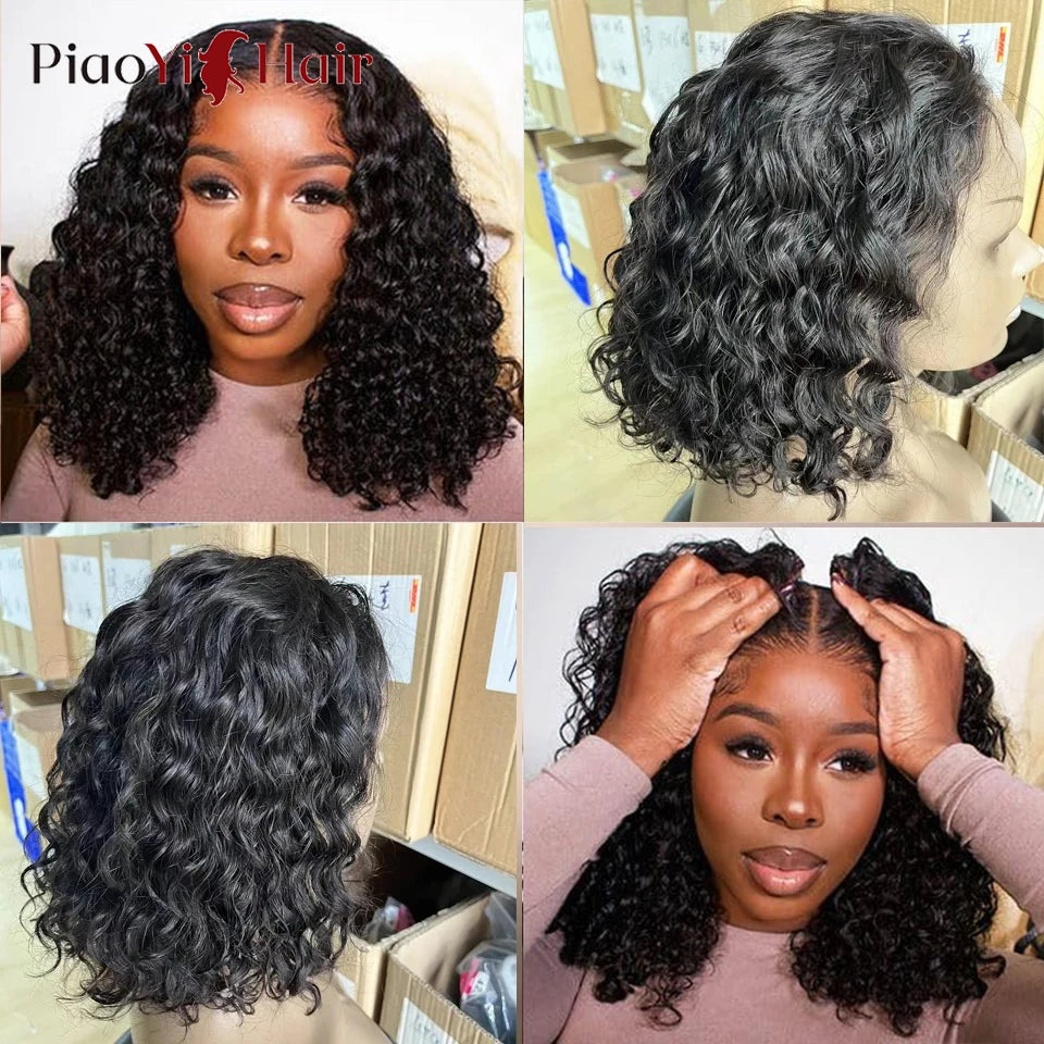 Glueless Wigs - 100% Human Hair Water Wave Bob Wigs, Ready to Wear Curly Wave Human Hair Wigs. 4X4 Swiss Lace Bob