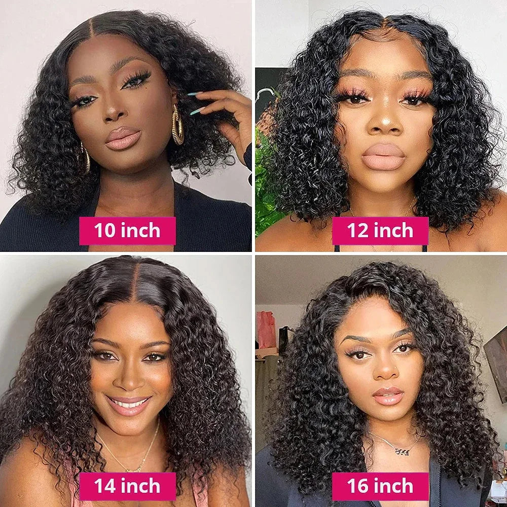 Glueless Wigs - 100% Human Hair Water Wave Bob Wigs, Ready to Wear Curly Wave Human Hair Wigs. 4X4 Swiss Lace Bob