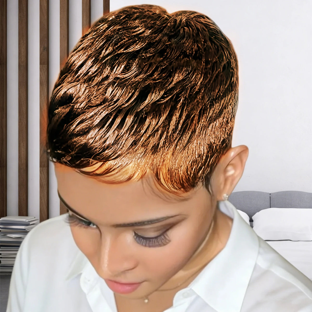 Pixie Cut Wig for Women - Brazilian Remy Human Hair, Short Wave Style with 99j Color, Full Machine-Made