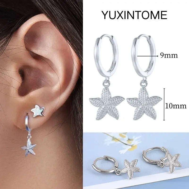 925 Silver Needle Star Hoop Earrings for Women - Five-pointed Star and Moon Pendant Huggie Earrings