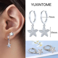 925 Silver Needle Star Hoop Earrings for Women - Five-pointed Star and Moon Pendant Huggie Earrings