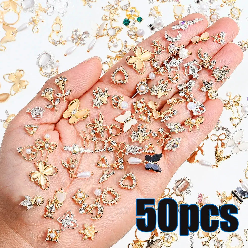 1 Bag Random Luxury Nail Art Dangle Jewelry, Mixed Style Nail Charms, Rhinestones 3D, 50 Pieces - SWEET T 52
