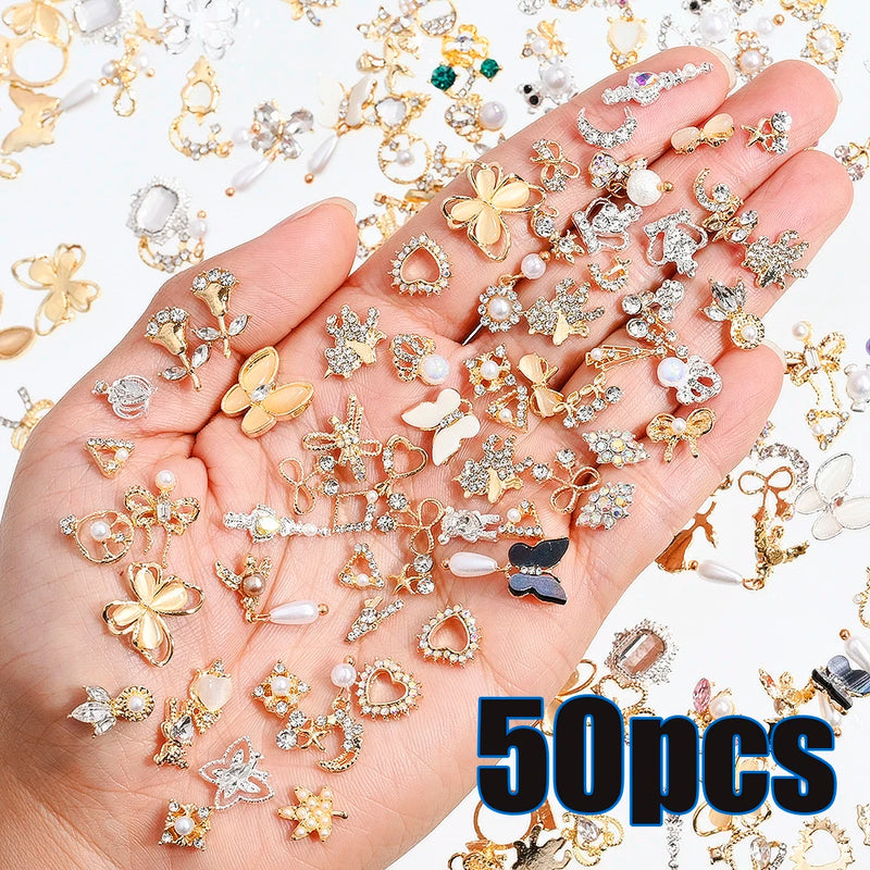 1 Bag Random Luxury Nail Art Dangle Jewelry, Mixed Style Nail Charms, Rhinestones 3D, 50 Pieces