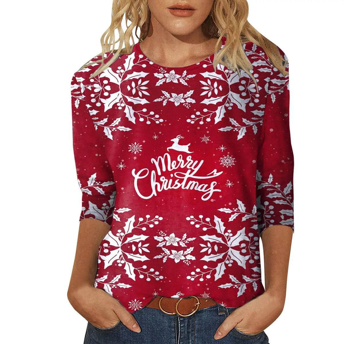 Christmas Limited Edition Women's 3D Red Snowflake Print Round Neck Long Sleeve T-shirt Fashion Casual Long Sleeve Top
