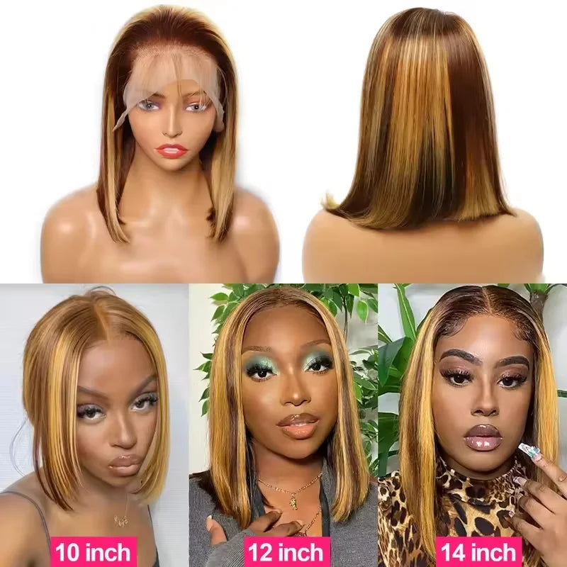 200% Highlight Bob Wig 13x4 Lace Front Wig P4/27 Colored Human Hair Wigs Honey Brown 13x6 Straight Lace Frontal 100%  Remy Wigs Sweet T 52