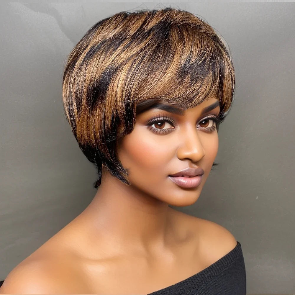 1B/30 Color Straight Human Hair Wig Pixie Cut Human Hair Wig With Bangs Full Machine Made Wig Ombre Colored Wig Sweet T 52