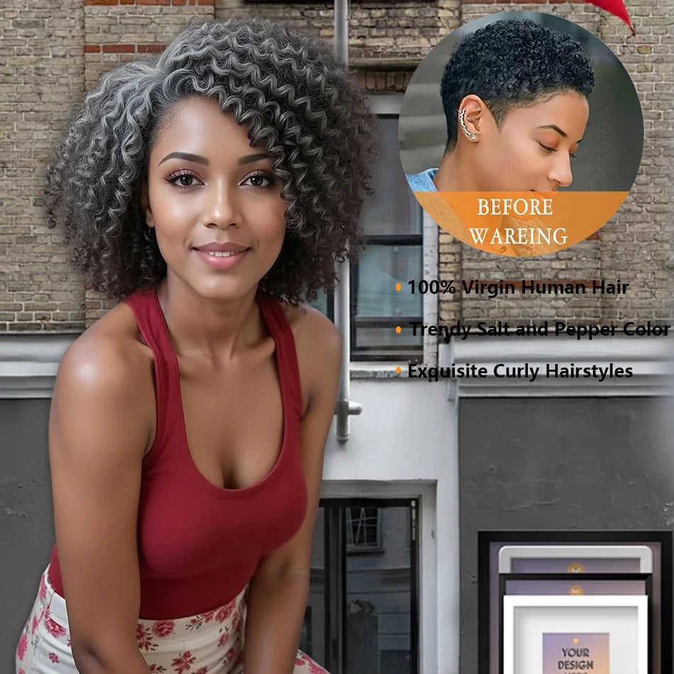 12inch Salt And Pepper Wigs Human Hair HD Grey Lace Front Wig Human Hair Pre Plucked Hairline Deep Curly Salt and Pepper Bog Wig Sweet T 52