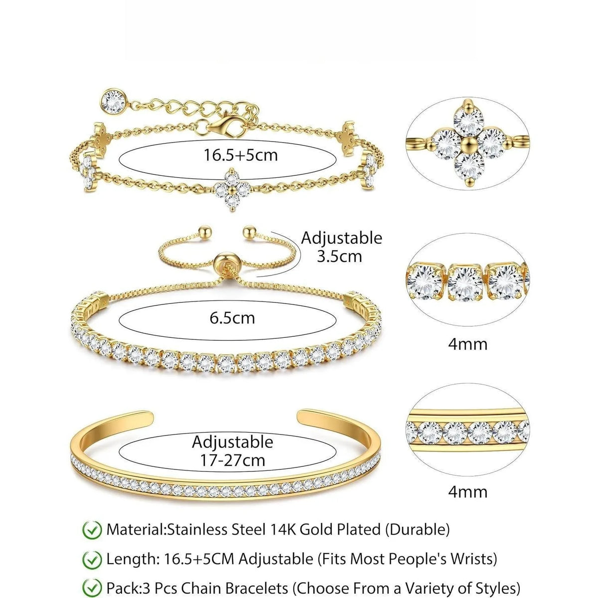 3PC Stackable Bracelet Set for Women - Adjustable 14K Gold-Plated & Silver Stainless Steel Tennis Bracelets