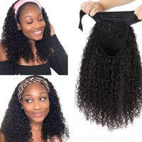 Kinky Curly Headband Wig. Human Hair Curly Bob Wig for Women. Full Machine Made Wig, Natural Black Hair