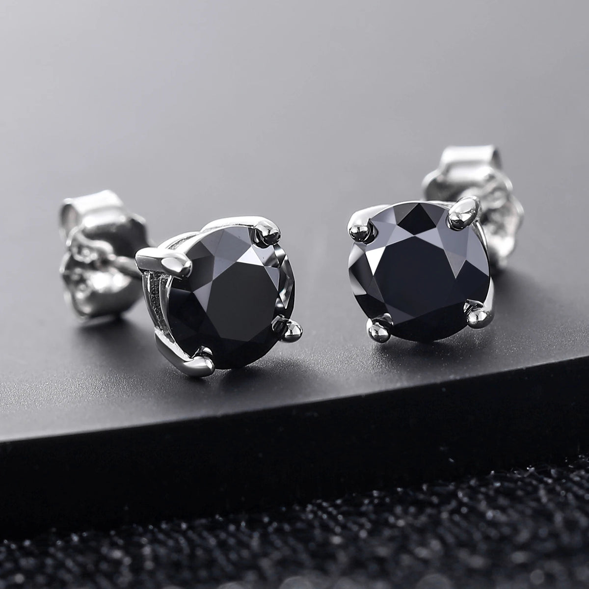 Black Moissanite Stud Earrings, Marked 925 Sterling Silver