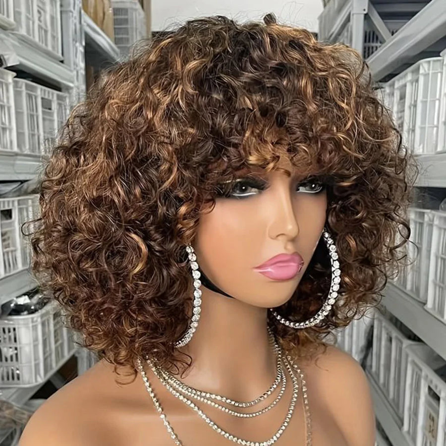 Jerry Curl Short Human Hair Wigs with Bangs, Highlight Honey Blonde, for Women