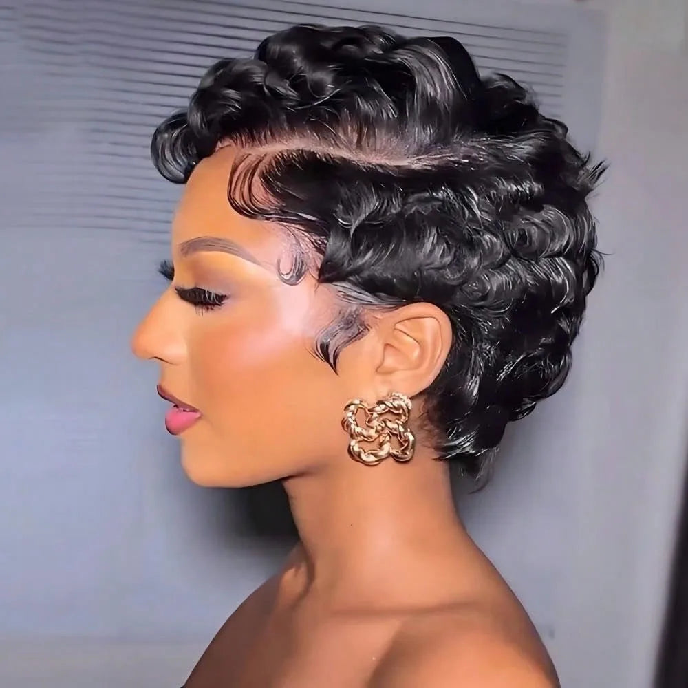 Short Pixie Cut Human Hair Wigs for Women - 6 Inch Short Curly Wave Wigs - 200/250% Density, Glueless