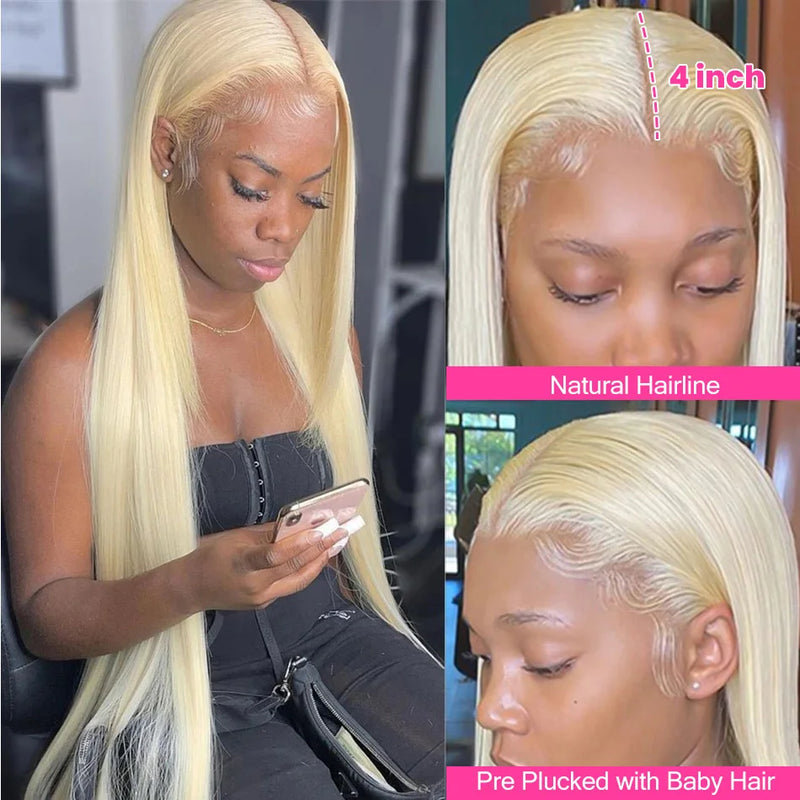 13x4 Blonde Lace Front Wig, Straight Human Hair 613 Hd Wig, Pre Plucked With Baby Hair For Women