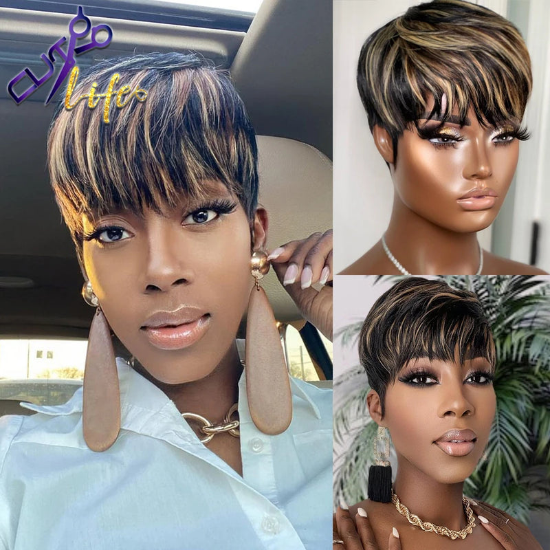 Short Pixie Cut Wigs, Wear And Go - Full Machine Wig With Bangs. Dovetail Straight Highlight Blonde Remy Human Hair Mullet Wigs