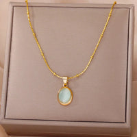 Green Opal Oval Pendant Necklace, Stainless Steel