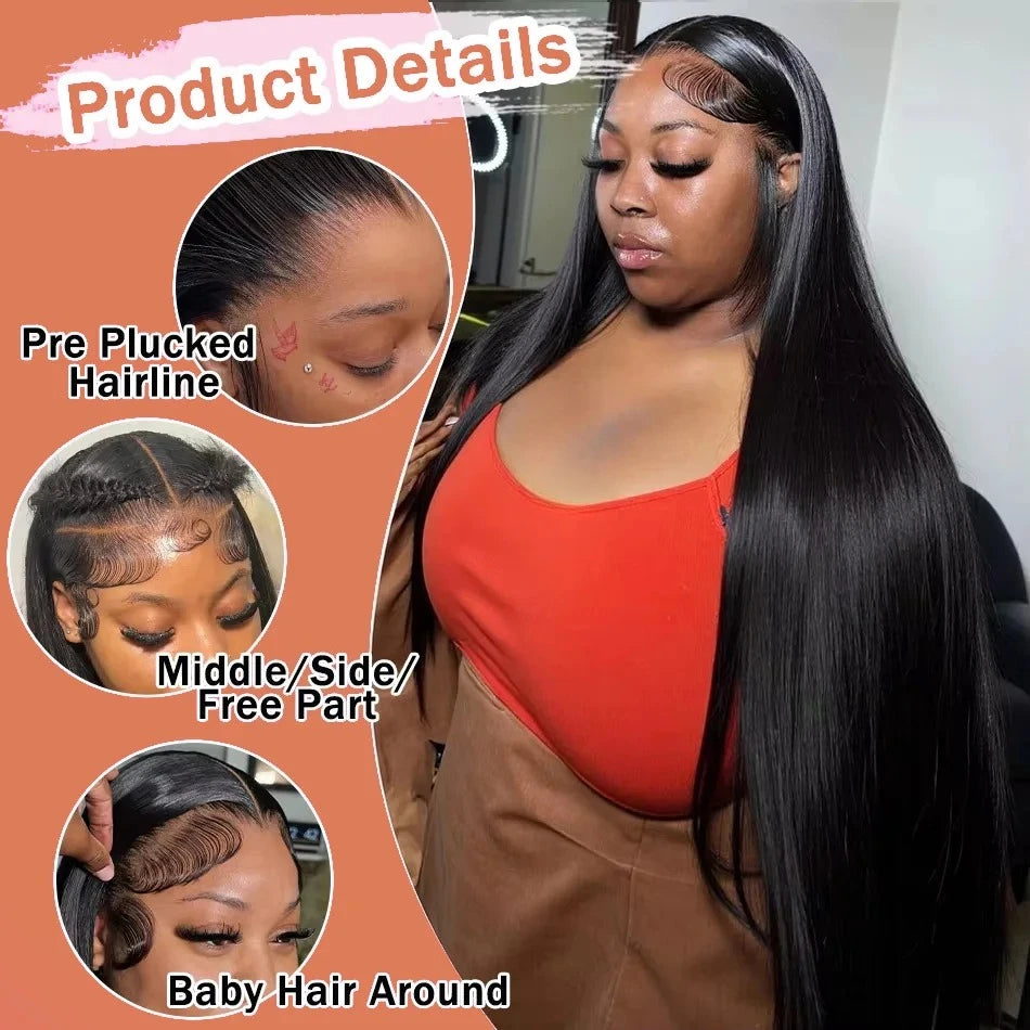 250% 40 Inch Straight Lace Front Wigs - Human Hair 13x6 HD Lace Frontal Wig, 13X4 Bone Straight, Pre-Plucked for Women