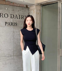 Viscose High Stretch Crew Neck, Slim Fit, Ribbed Women's Top. Asymmetrical Hem, Chic T-Shirt for Office - Casual Knit Blouse Sweet T 52